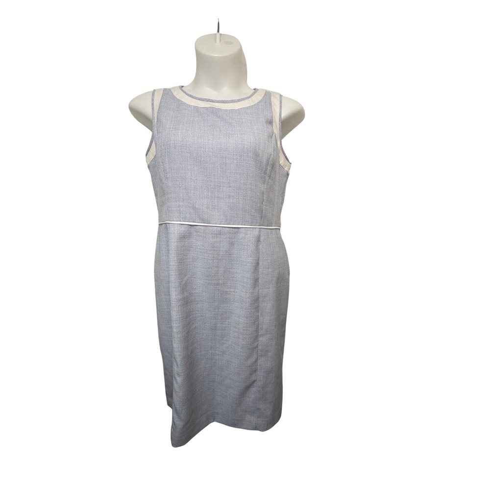 Talbots Womens Blue White Tweed Sheath Dress Size 14 Sleeveless Cream Trim